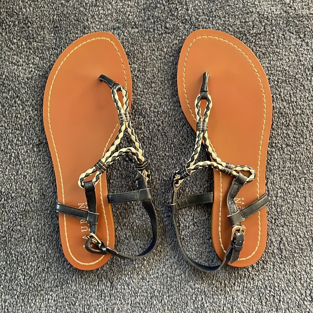 LAUREN by Ralph Lauren Navy/White braided leather flat sandals, Size 8.5